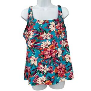 Lands End Tankini Swim Top Womens 18 Blue Floral Tropical Adjustable Strap